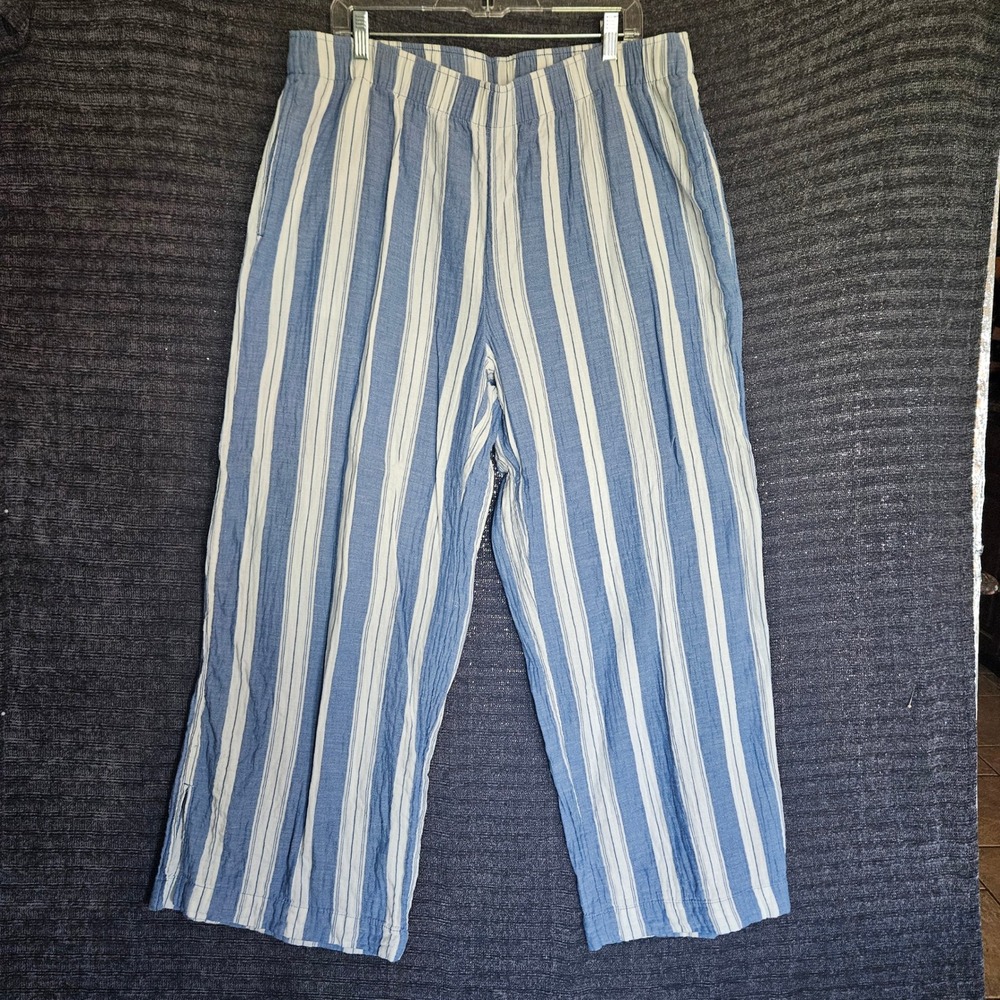 Old Navy Womens XL High Rise Wide Leg Stripe Comfort Waistband Blue White Pants